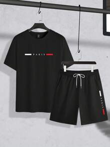 Manfinity Homme Plus Size Men's Summer Casual Letter Print T-Shirt & Shorts Set - Black - View 2