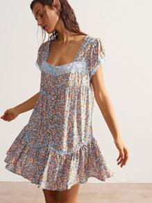 Bohemela 女式休闲梭织格子领荷叶边袖子和下摆宽松迷你连衣裙 - 薄荷綠 - 查看 4