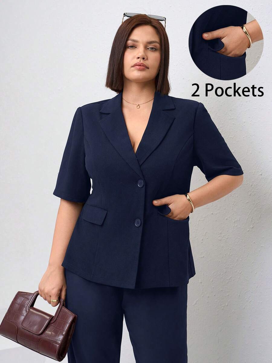 SHEIN Clasi Black Short Sleeve Open Front Pocket Plus Size Women Blazer, Elegant Business Commuter Wear In Fall/Winter - Navy Blue - View 1