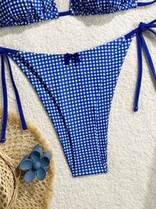SHEIN Swim Curve 2pcs/Set Plus Size Women's Blue Plaid Print Spaghetti Strap Halter Bikini Set For Summer Beach Holiday