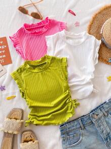3pcs/Pack Tween Girl Casual Elegant Basic Camisole Multi-Pack, Knitted Vest With Ruffle, Bow Decor In Pink, Green, White, Suitable For Outing, Vacation, Casual Wear, Spring/Summer Ribbed Summer Tops Summer Tops For Girls, School, Campus, College - Multicolor - View 6