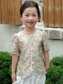 DAZY 女童圆领短袖刺绣T恤，夏季 - 卡其色 - 查看 7