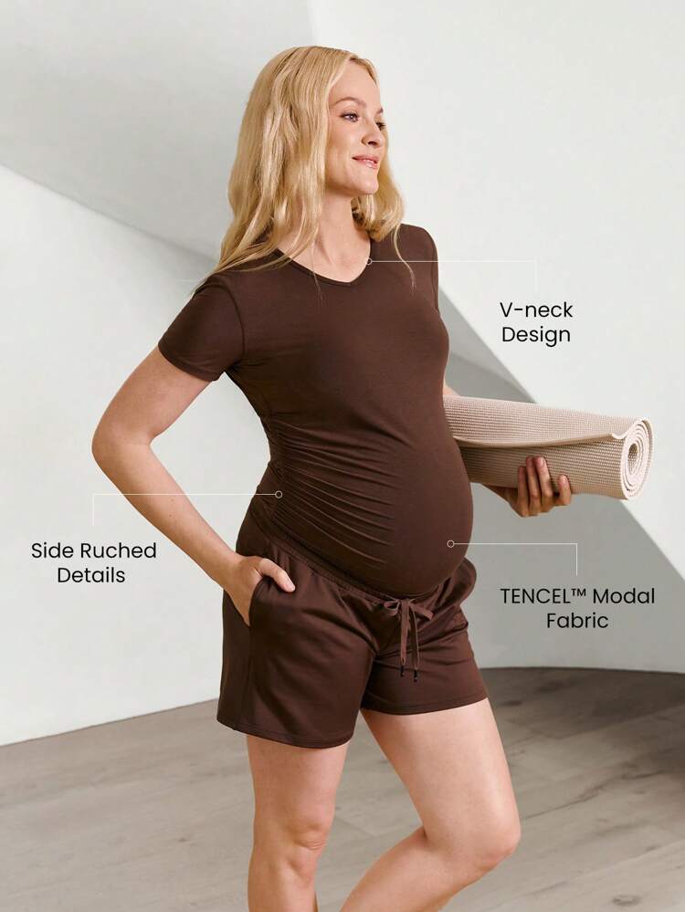 TENCEL™ Modal Miss V Maternity Lightweight Silky Smooth Side Pleats V-Neck T-Shirt Low Impact Yoga Pilates Studio Daily Casual Wear