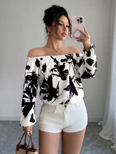 Breezaya Blusa elegante de manga larga con hombros descubiertos y volantes con estampado floral