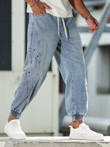 Manfinity LEGND Pantalones vaqueros informales para hombre con cintura ajustable con cordón y pierna entallada