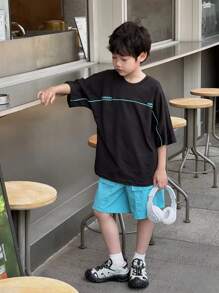 2pcs/Set Tween BoysBlack Knit English Print Top & Woven Shorts Set, Korean Style Streetwear - Multicolor - View 6
