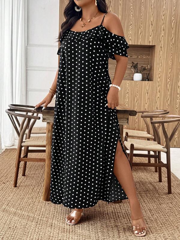 SHEIN Tall Rochie de vară cu buline, mărime plus, pentru femei, cu imprimeu floral, potrivită pentru ieșiri zilnice/rochie romantică/călătorii de vacanță