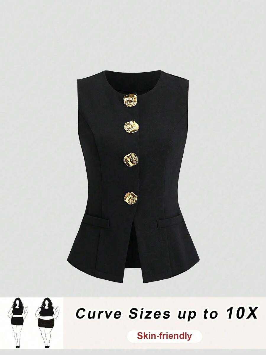SHEIN CURVE+ Plus Size Sleeveless Blazer With Large Buttons, Solid Color Fashion Suitable For Summer - Black - View 1
