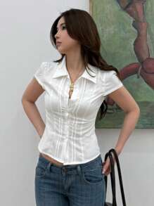 DAZY 女式修身短袖纯色翻领衬衫