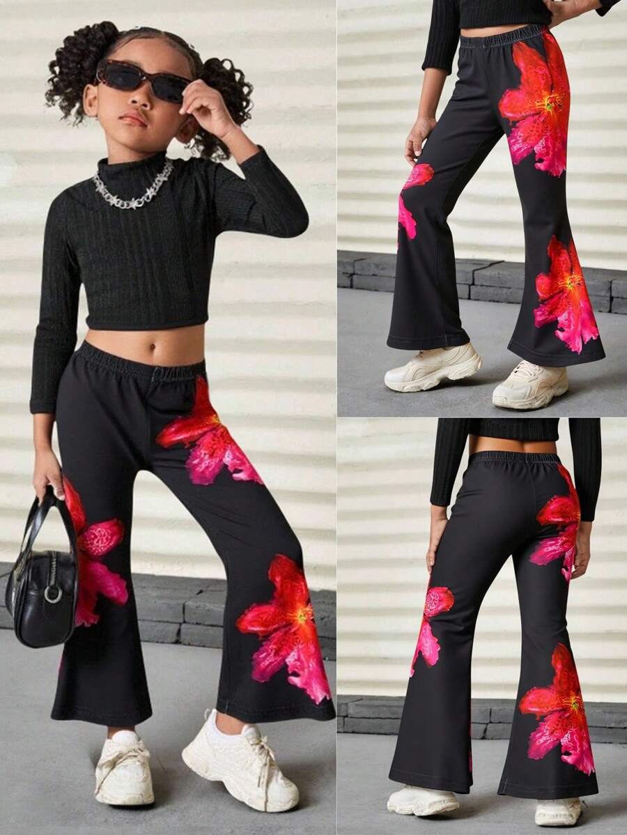 SHEIN Pantalones acampanados con estampado floral y cintura elástica negra para niñas de 4 a 7 años, moda retro de verano para uso casual/exterior/fiesta con estampado de hibisco y lirio en todo el diseño - Negro - Ver 1