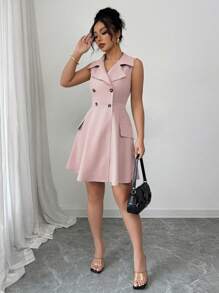 Elenzga Vestido corto sin mangas de primavera/verano con cuello de camisa, de doble botonadura, cinturón y falda acampanada con decoración de bolsillos falsos, de unicolor, para mujer, elegante y casual, para la oficina o vacaciones, en estilo francés