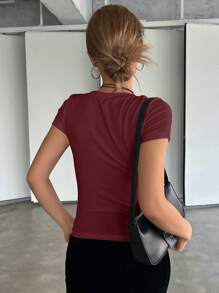 DAZY Women's Casual Versatile Solid Color Round Neck Fitted Short Sleeve Ribbed T-Shirt, Summer - Red Violet - View 2