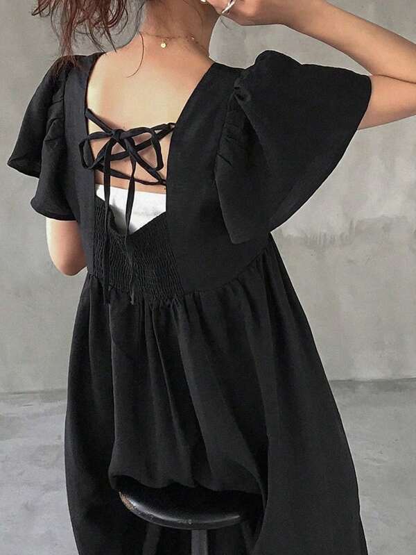 FRIFUL Robe plissée à taille élastique dos nu et col lavallière pour femmes, robe de bal de finissants pour vacances longues