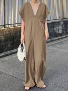 FRIFUL 女士橙色V领系腰连体裤，夏季女式连体裤家居服套装 - 卡其色 - 查看 2