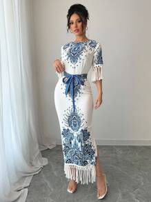SHEIN Unity Round Neck Side Slit Hem Print Long Dress For Women - Blue - View 3