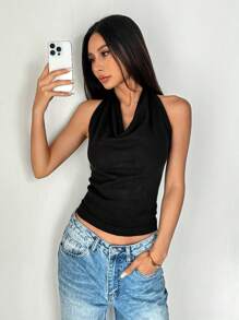 Elenzga 女士纯色垂坠领短款针织黑色背心，适合外出穿着 - 黑色 - 查看 1