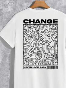 Manfinity Homme 轮廓线印花男式白色T恤和黑色短裤套装，休闲时尚 - 黑與白 - 查看 2