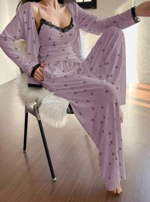 DAZY Bộ 3 món/Bộ đồ ngủ Pijama in họa tiết nơ nhiều màu, phối ren, chắp vá, áo hai dây, áo choàng và quần, quần áo mùa xuân, mùa thu đông - Màu tím hoa cà - Xem 4