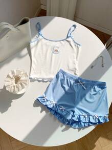 Comfortcana 2pcs Women Spaghetti Strap Top And Shorts Set, Fashion Summer Outfit - Blue and White - View 4