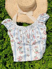 Comfortcana Women's Summer Holiday Casual Ditsy Floral Striped T-Shirt - Multicolor - View 1