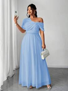 Elenzga Robe épaule unique fendue en mousseline de soie élégante et romantique pour mariage/fête/événement pour femmes grande taille