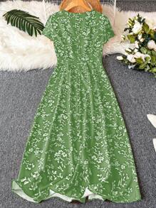 GlowEve Vestido de botones hasta la mitad del muslo con estampado floral pequeño - Verde - Ver 2