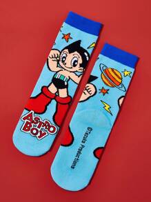 Astro Boy X SHEIN 3 Paar Baumwoll Kinder Socken mit süßen Cartoon Motiven, feuchtigkeitsableitend, atmungsaktiv und weich, Mittelhöhe, verstärkte Zehen und Fersen für Haltbarkeit, geeignet für alle Jahreszeiten, Schule und Alltag, blau
