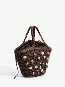 SHEIN SXY 女士手提包，时尚，优雅，简约，个性，多功能，草编包，贝壳，海螺，适合海滩，度假，节日，夏季，海边 - 咖啡棕 - 查看 4