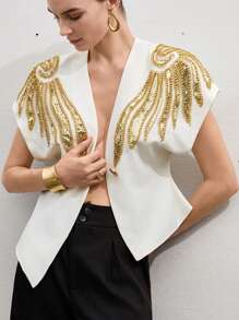 2026 Modichic Blusa de verano con hombros acolchados, con cuello en V, manga corta, bajo asimétrico, contrastes de color y bordados florales con cuentas para uso versátil y diario - Multicolor 2 - Ver 10