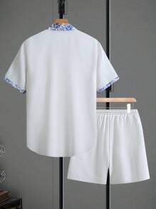 Manfinity Homme 2pcs/Set Men Floral Print Button Down Short Sleeve Shirt And Cargo Shorts Set Men's Vacation Clothes Men's Beach Shirts - White - View 2