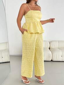 Auralis 大码女装春夏时尚休闲舒适日常立体纹理面料荷叶边吊带上衣和阔腿裤奶油黄色可爱两件套，欧洲夏季，度假装，裤子套装，夏威夷装女装，2 件夏季装 - 黃色 - 查看 6