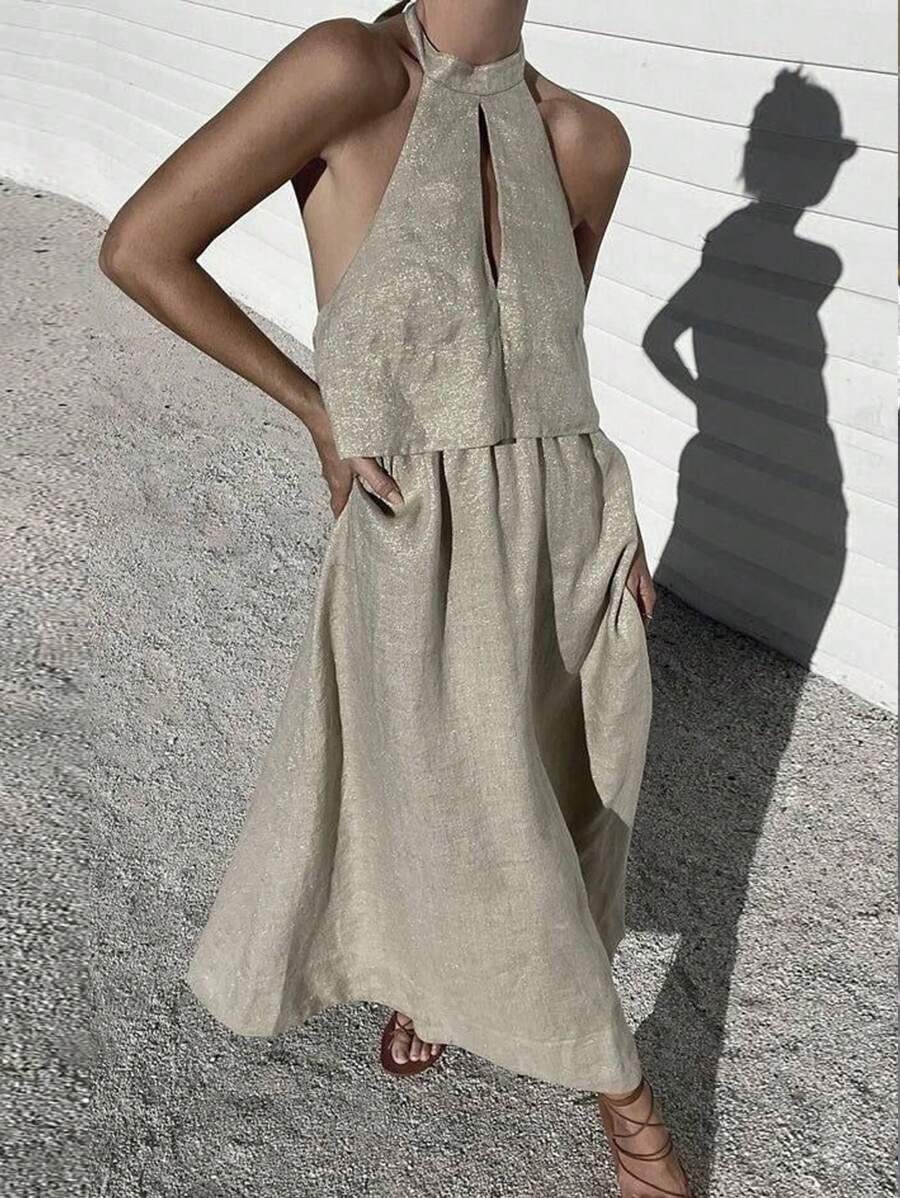 SHEIN Essnce Vestido de cuello halter sin mangas con corte hueco y cintura alta de unicolor - Albaricoque - Ver 1
