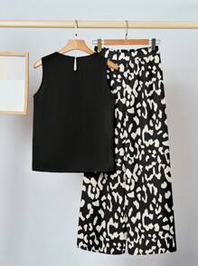 SHEIN Clasi 2pcs Women's Casual Sleeveless Loose Top And Leopard Print Pants Set, Suitable For Summer - Multicolor - View 2