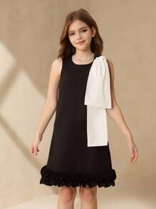 Vestido suelto, elegante y simple sin mangas con cuello redondo, con lazo desmontable, y acabado de volantes en contraste de color, adecuado para verano, boda, niña de las flores