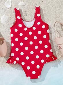 Astro Boy X SHEIN Baby Girl Polka Dot And Cartoon Pattern Scoop Neck One-Piece Swimsuit Beachwear - Red - View 2
