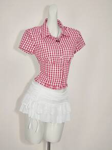 Sweetina 女士休闲收腰格子衬衫 - 紅白色 - 查看 4