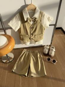 Set da 2 pezzi moda per bimbi maschi: Gilet monopetto kaki con fiocco rimovibile, tasche decorative e pantaloncini casual, stile elegante adatto per festa di compleanno, evento, matrimonio, festa di nascità