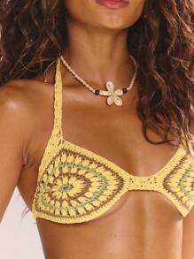 MUSERA Halterneck Crochet Patterned Bra Top Spring Summer Vacation Holiday Elegant Beachwear Boho Romantic Ibiza Holiday Summer Cute Top Cowgirl Boho Festival Butter Yellow - Yellow - View 3
