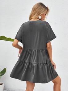 Breezaya Đầm Babydoll viền bèo nhún cổ tay cuộn trang phục đi biển cho nữ - Màu xám đen - Xem 2