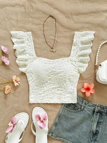 Soleia Women's U-Neck Cap Sleeve Textured Fabric T-Shirt, Embroidered Splicing, Suitable For Vacation, Music Festival, Bohemian, Holiday Dates, Afternoon Tea, Spring/Summer Ruffle Tops Croptop Lacey Top Summer Cute Tops - Apricot - View 5