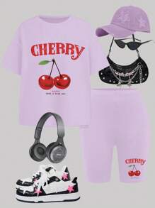 SHEIN Leap Crew Tween Girl Casual Minimalist Short Sleeve Cherry And Letter Graphic T-Shirt & Biker Shorts 2-Piece Set, Suitable For Summer - Multicolor - View 3