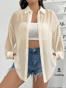 SHEIN EZwear Plus Size Women's Casual Lightweight Sheer Long Sleeve Button-Down Shirt, Versatile For Summer, Back-To-School, Date, Indoor Tea Party, Beach, Hawaii, Daily Wear - Apricot - View 7