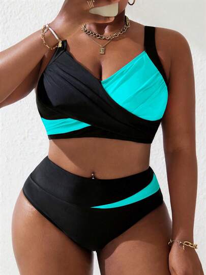 Slaydiva Plus Size Women's 2pcs/Set Contrast Color Ruched Camisole Two-Piece Swimwear Set, For Beach & Summer Holiday