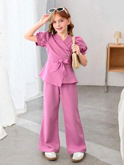 女童纯色短款泡泡袖上衣和裤子套装 小女孩服装套装 两件套 女童服装套装 女童套装 青少年长裤套装 女童套装 青少年女童套装 女童正装裤套装 青少年女童套装 裤子套装 儿童