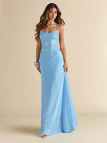 SHEIN BAE Váy dài thanh lịch đính sequin lấp lánh màu xanh lam cho kỳ nghỉ bên bờ biển/Váy mùa hè cho nữ//Trang phục đi nghỉ cho nữ/Trang phục đi biển cho nữ/Váy đi biển - Màu xanh lam - Xem 5