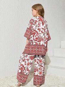 SHEIN Tween 女童休闲复古印花半袖开衫和直筒裤套装 - 紅色 - 查看 2