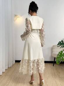Modelyn 2件套女士网眼拼布花卉长袖短款上衣和吊带裙 - 杏色 - 查看 4