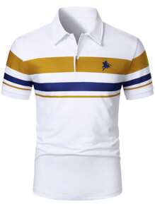 Manfinity Mode Men's Business Casual Style With An INS-Inspired Touch, Featuring A Classic Blue-And-White Color-Blocked Design And An Embroidered Horse-Riding Soldier Logo On The Front. This Stylish Short-Sleeve Polo Shirt Also Includes A Fashionably Patched Chest Pocket, A Button Closure, And Exudes A Sense Of French Elegance And Romance-An Ideal Gift For A Boyfriend Or Husband. Men's Polo Shirt With Chest Pocket Patchwork , Polo Shirt For Men , Golf Shirts For Men