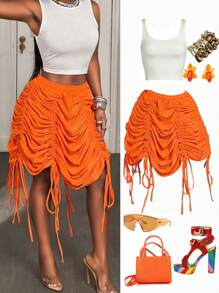 BamGleam Y2K Retro Streetwear MultiWay Skirt Women's DrawstringAsymmetrical Hem Vibrant Orange TechMesh Summer Convertible Hip-Hop EdgyClubwear Rave Festival Versatile Styling "Tech Mesh" - Grey - View 1