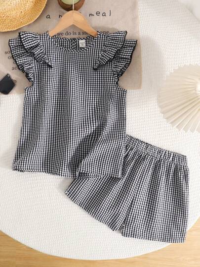 SHEIN LMoss Kids Tween Girl 2pcs Set Casual Minimalist Comfortable Round Neck Ruffle Blouse And Pants